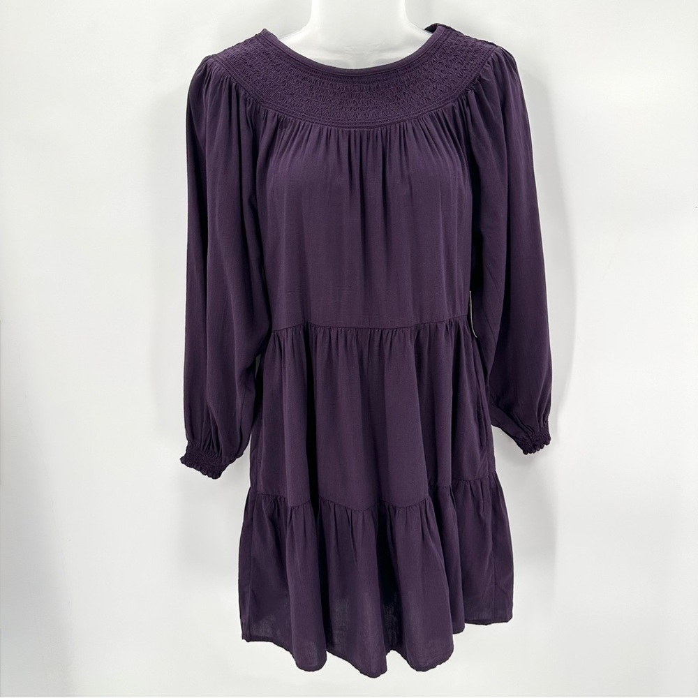 Old Navy Mini Dress Womens XS Purple Long Sleeve Tiered Smocked Yoke Swing NWOT